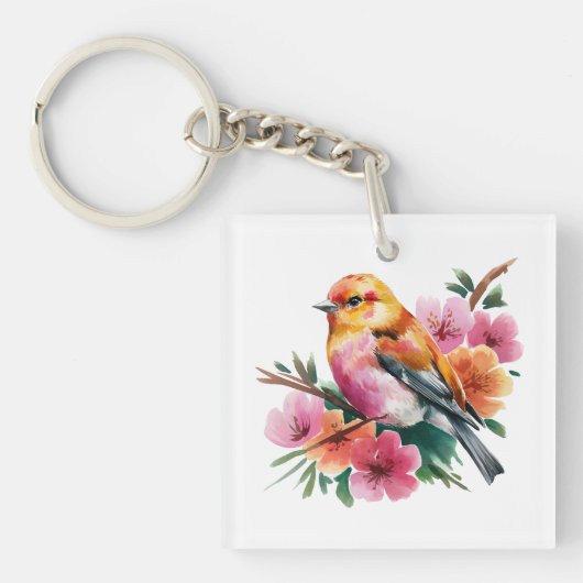 ピンクの花の鳥 キーホルダー (正面)
