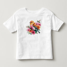 ピンクの花の鳥 トドラーTシャツ