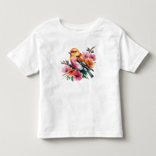 ピンクの花の鳥 トドラーTシャツ (正面)