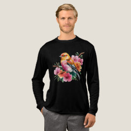 ピンクの花の鳥 トライブレンドTシャツ