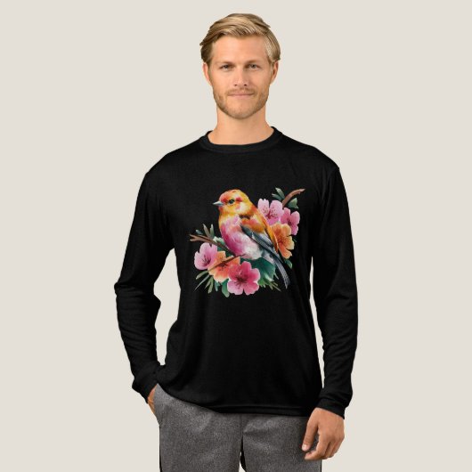 ピンクの花の鳥 トライブレンドTシャツ (正面全体)