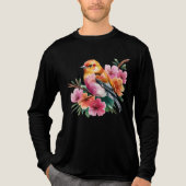 ピンクの花の鳥 トライブレンドTシャツ (正面)