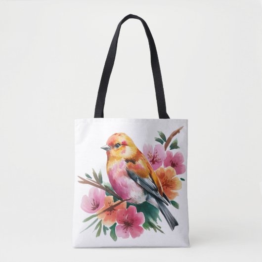 ピンクの花の鳥 トートバッグ (正面)