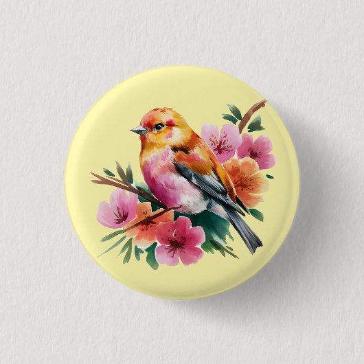 ピンクの花の鳥 缶バッジ (正面)