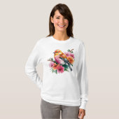 ピンクの花の鳥 Tシャツ (正面フル)