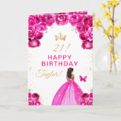ピンクの花の黒い肌の女の子お誕生日おめでとう カード (黄色い花)