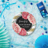 ピンクの花の黒い金ゴールドのストライプなベビーシャワーのプレート ペーパープレート (パーティー)