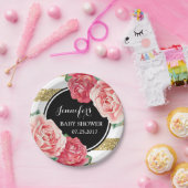 ピンクの花の黒い金ゴールドのストライプなベビーシャワーのプレート ペーパープレート (パーティー)