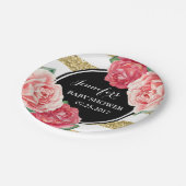 ピンクの花の黒い金ゴールドのストライプなベビーシャワーのプレート ペーパープレート (アングル)