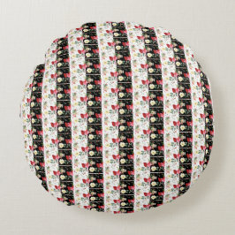 ピンクの花の黒と白の垂直ストライプヴィンテージ ラウンドクッション