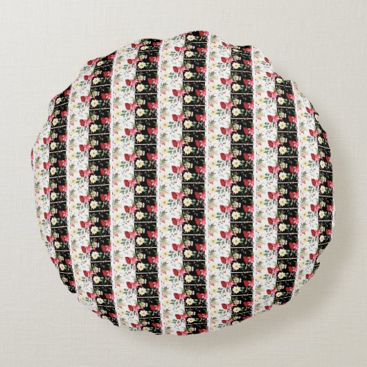 ピンクの花の黒と白の垂直ストライプヴィンテージ ラウンドクッション (裏面)