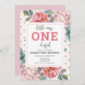 ピンクの花の1歳誕生日招待状 招待状 (正面/裏面)