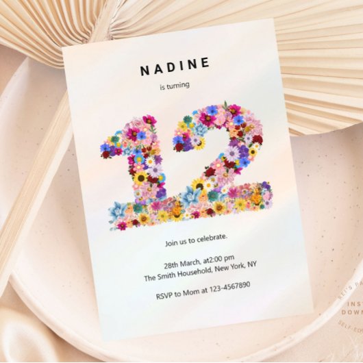 ピンクの花の12歳の誕生日ガーデン 春の野の花 招待状
