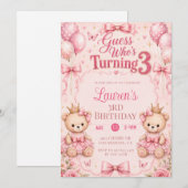 ピンクの花の3歳の誕生日おめでとうギュス 招待状 (正面/裏面)