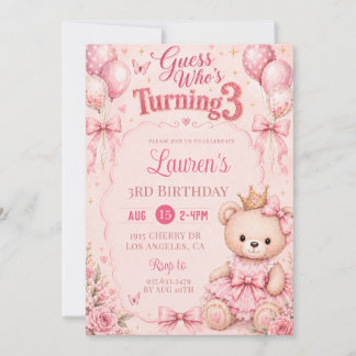 ピンクの花の3歳の誕生日おめでとうギュス 招待状