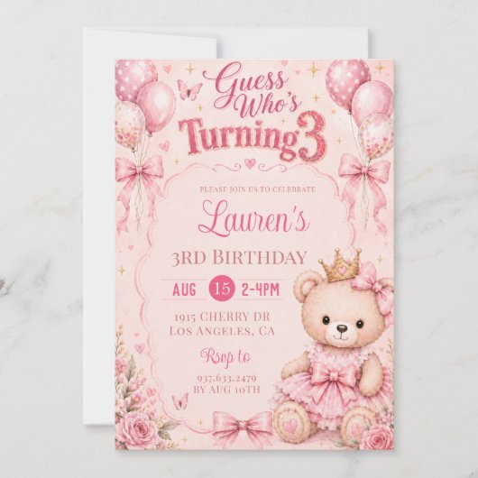 ピンクの花の3歳の誕生日おめでとうギュス 招待状 (正面)