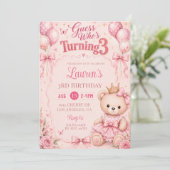 ピンクの花の3歳の誕生日おめでとうギュス 招待状 (スタンド正面)