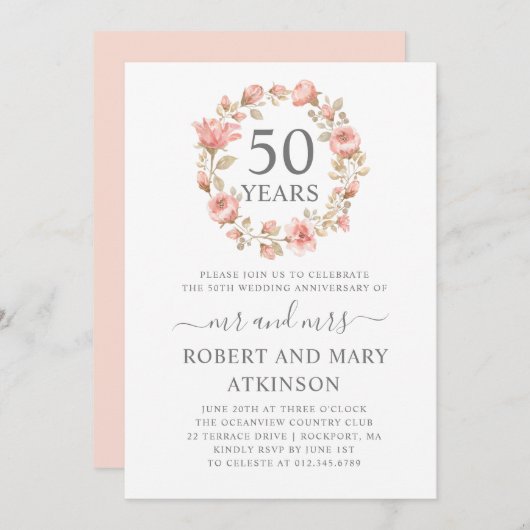 ピンクの花の50周年結婚記念日 招待状 (正面/裏面)