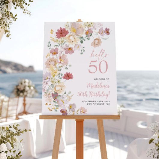 ピンクの花の50歳の誕生日ウェルカムボード ポスター
