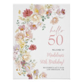 ピンクの花の50歳の誕生日ウェルカムボード ポスター (正面)