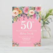 ピンクの花の50歳の誕生日招待状 招待状 (スタンド正面)