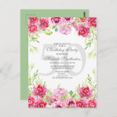 ピンクの花の50歳誕生日パーティー招待状 ポストカード (正面/裏面)