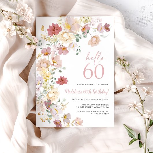 ピンクの花の60歳の誕生日 招待状