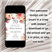 ピンクの花の70歳の誕生日パーティー招待状 招待状