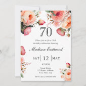 ピンクの花の70歳の誕生日パーティー招待状 招待状 (正面)