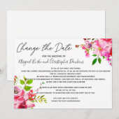 ピンクの花の 日程変更または延期のお知らせ 招待状 (正面/裏面)