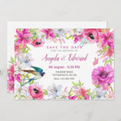 ピンクの花の bloom 芸術的なウェディング セーブザデート (正面/裏面)