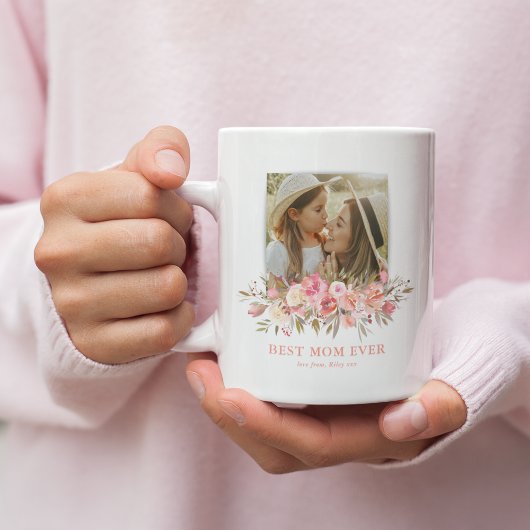 ピンクの花のBest Mom Ever 写真入り コーヒーマグカップ