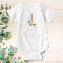 ピンクの花のLittle Miss Onederful 1歳の誕生日 ベビーボディスーツ