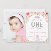 ピンクの花のLittle Miss Onederful 1歳の誕生日 招待状 (正面)