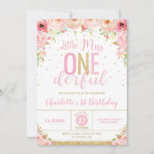 ピンクの花のLittle Miss Onederful 1歳の誕生日 招待状 (正面)