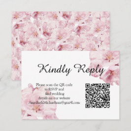 ピンクの花のQRコード付き結婚式RSVPカード 出欠カード