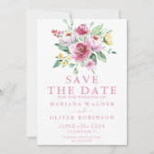 ピンクの花のSave the Date 招待状 (正面)