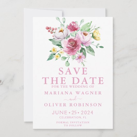ピンクの花のSave the Date 招待状 (正面)