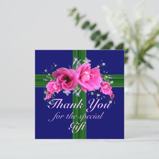 ピンクの花はギフトカードのために感謝していしています サンキューカード (スタンド正面)