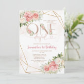 ピンクの花は彼女はonederful 1歳の誕生日金ゴールド 招待状 (スタンド正面)