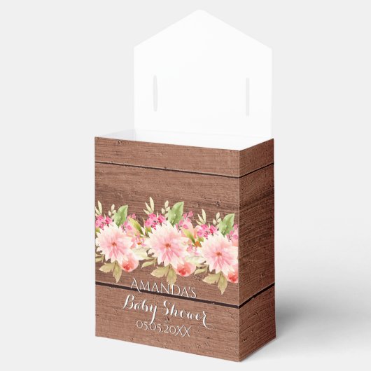 ピンクの花は素朴な茶色の木の赤ちゃんシャワー フェイバーボックス (オープン)