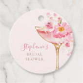 ピンクの花びらとプロセッコの花のあるウェディングシャワー フェイバータグ (正面)