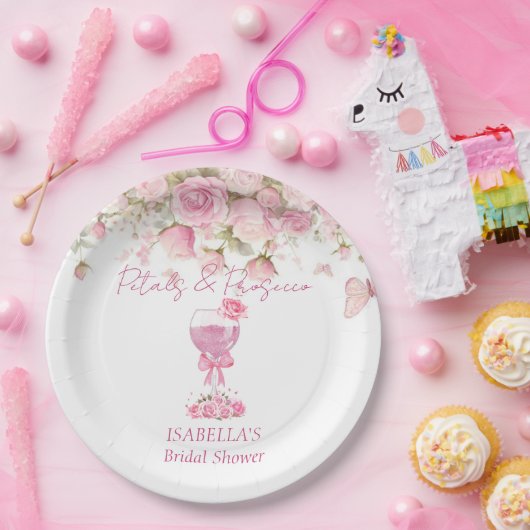 ピンクの花びらとプロセッコの花嫁シャワー ペーパープレート (パーティー)