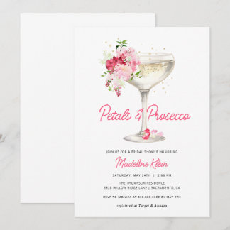 ピンクの花びらとProseccoブライダルシャワーの招待 招待状