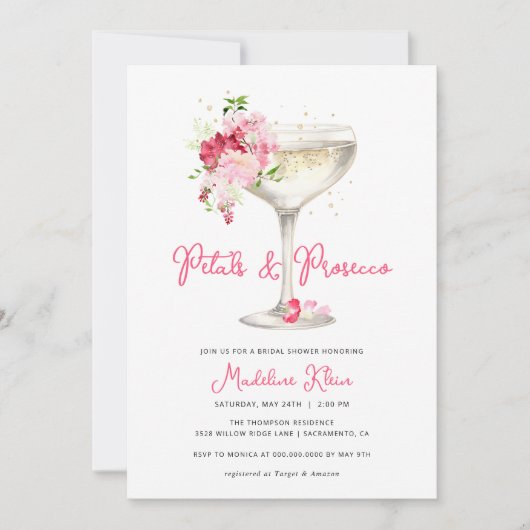ピンクの花びらとProseccoブライダルシャワーの招待 招待状 (正面)