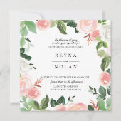 ピンクの花びらグリーンリース ウェディング招待状 招待状 (正面)