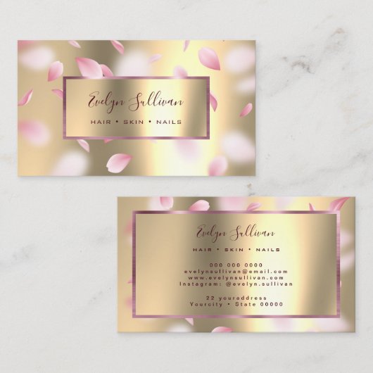 ピンクの花びらフェイクゴールドフォイルの名刺 名刺 (正面/裏面)