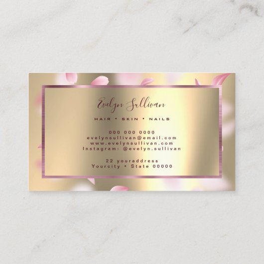 ピンクの花びらフェイクゴールドフォイルの名刺 名刺 (裏面)