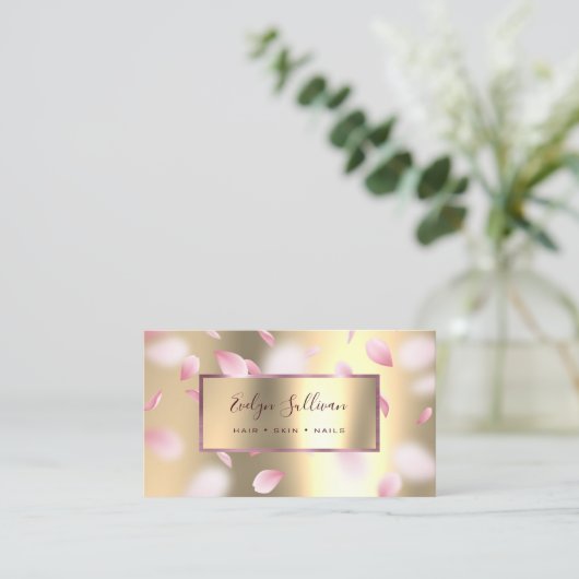 ピンクの花びらフェイクゴールドフォイルの名刺 名刺 (スタンド正面)