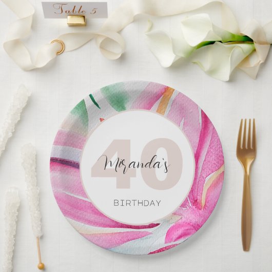 ピンクの花びらフローラ水色モノグラムの ペーパープレート (ウェディング)